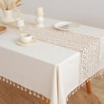 Table Cloth, Rectangle Tablecloth Washable Cotton Linen Tablecloths Crochet Patchwork Table Cover with Tassle for Kitchen, Dining Tabletop Decoration 55''x70'' Beige