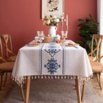 Table Cloth Embroidery Damask Pattern Wrinkle Free Heavy Weight Cotton Linen Farmhouse Tablecloth Decorative Fabric Tassel Table Cover for Outdoor and Indoor Use (Square 55 x 55 Inch)