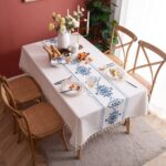 Table Cloth Embroidery Damask Pattern Wrinkle Free Heavy Weight Cotton Linen Farmhouse Tablecloth Decorative Fabric Tassel Table Cover for Outdoor and Indoor Use (Square 55 x 55 Inch) - Image 2