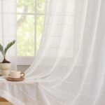 White Boho Curtains 63 Inch Length for Living Room 2 Panels Thick linen Stripe Textured Gauze Curtains Shabby Chic Bathroom Window Curtains Rod Pocket Privacy Curtains That Let Light in 52"W x 63"L