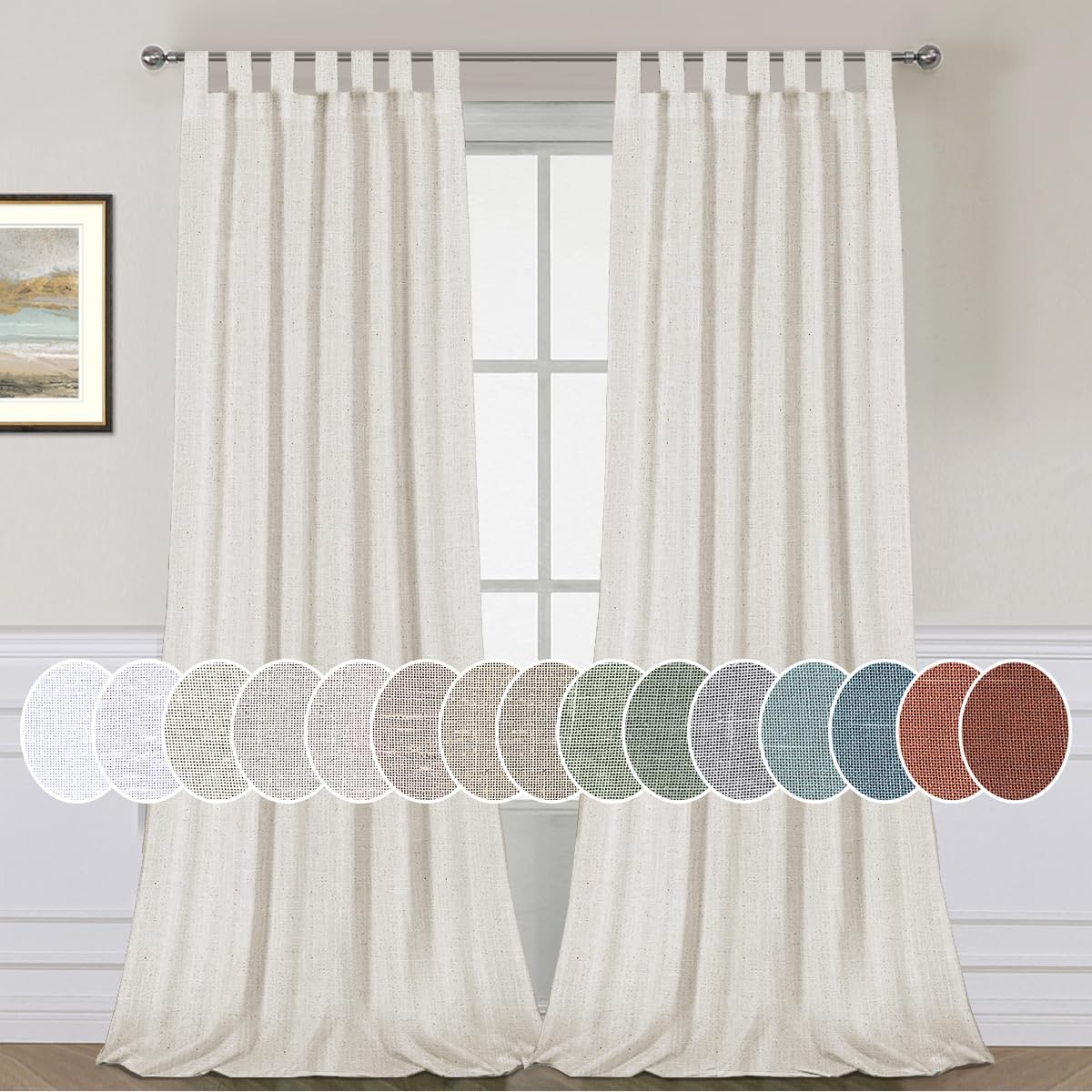 713GtqcRmXL._AC_SL1200_.jpg Natural Linen Tab Top Curtains 84 Inch Length for Living Room 2 Panel Drape Semi Sheer Neutral Country Rustic Farmhouse Boho Curtain Bedroom Muslin Look Light Filtering, Heathered Natural - Image 1