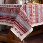 Cotton Linen Tablecloth with Exquisite Floral Lace Tassel Dust-Proof Rustic Rectangular Tablecloths for Dining Table Home Decor Holiday Party Buffet (Burgundy, Rectangular, 52"x70")