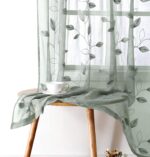 Sage Green Sheer Curtains 52 X 63 Inches Length 2 Panels Embroidered Leaf Pattern Pocket Faux Linen Floral Semi Sheer Voile Window Curtains/Drapes for Bedroom Living Room