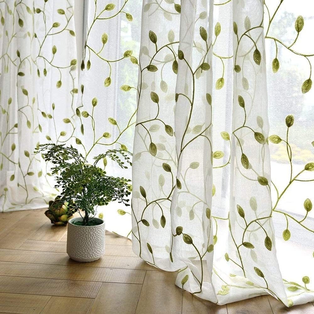 71SkUq95LFS._AC_SL1000_.jpg Ivy Leaf Embroidered Sheer Panels 96 inch Long Window Crushed Sheer Gauze Curtain Panels Room Curtain Voile Tulle Window Drapery Rod Pocket, 1 Panel, Green Leaf White Sheer, W54 x L96 inch - Image 1