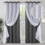 Grey Blackout Curtains with Sheer Overlay 84 inches Long，Double Layer Silver Printed Kids Curtains Grommet Thermal Insulated Window Drapes for Living Room, 2 Panel, 52 x 84, Dark Grey