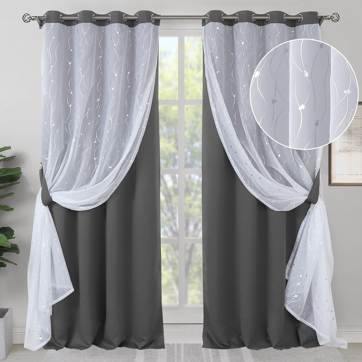71YplcBzvpL._AC_SL1500_.jpg Grey Blackout Curtains with Sheer Overlay 84 inches Long,Double Layer Silver Printed Kids Curtains Grommet Thermal Insulated Window Drapes for Living Room, 2 Panel, 52 x 84, Dark Grey - Image 1