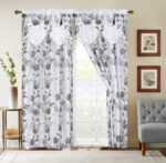 Flower Curtain Window Panel Set Luxury Curtains with Attached Valance and Sheer Backing Living Room Bedroom Dining 55x84 Each  Collection (55x84, White)
