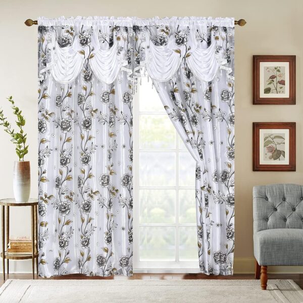 Flower Curtain Window Panel Set Luxury Curtains with Attached Valance and Sheer Backing Living Room Bedroom Dining 55x84 Each  Collection (55x84, White)