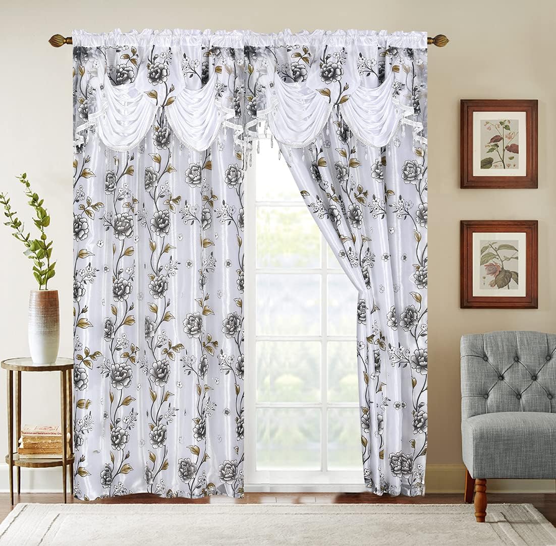 71ayhGaF8CL._AC_SL1102_.jpg Flower Curtain Window Panel Set Luxury Curtains with Attached Valance and Sheer Backing Living Room Bedroom Dining 55x84 Each Collection (55x84, White) - Image 1