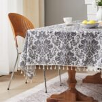 Boho Tablecloth Euro Floral Cotton Linen Gray Printed Tablecloth with White Tassel Lace, Wrinkle Resistant Shrinkage Resistant, Suitable for All Styles Dining Room Kitchen (55 X 55 Inch) Gray - Image 2