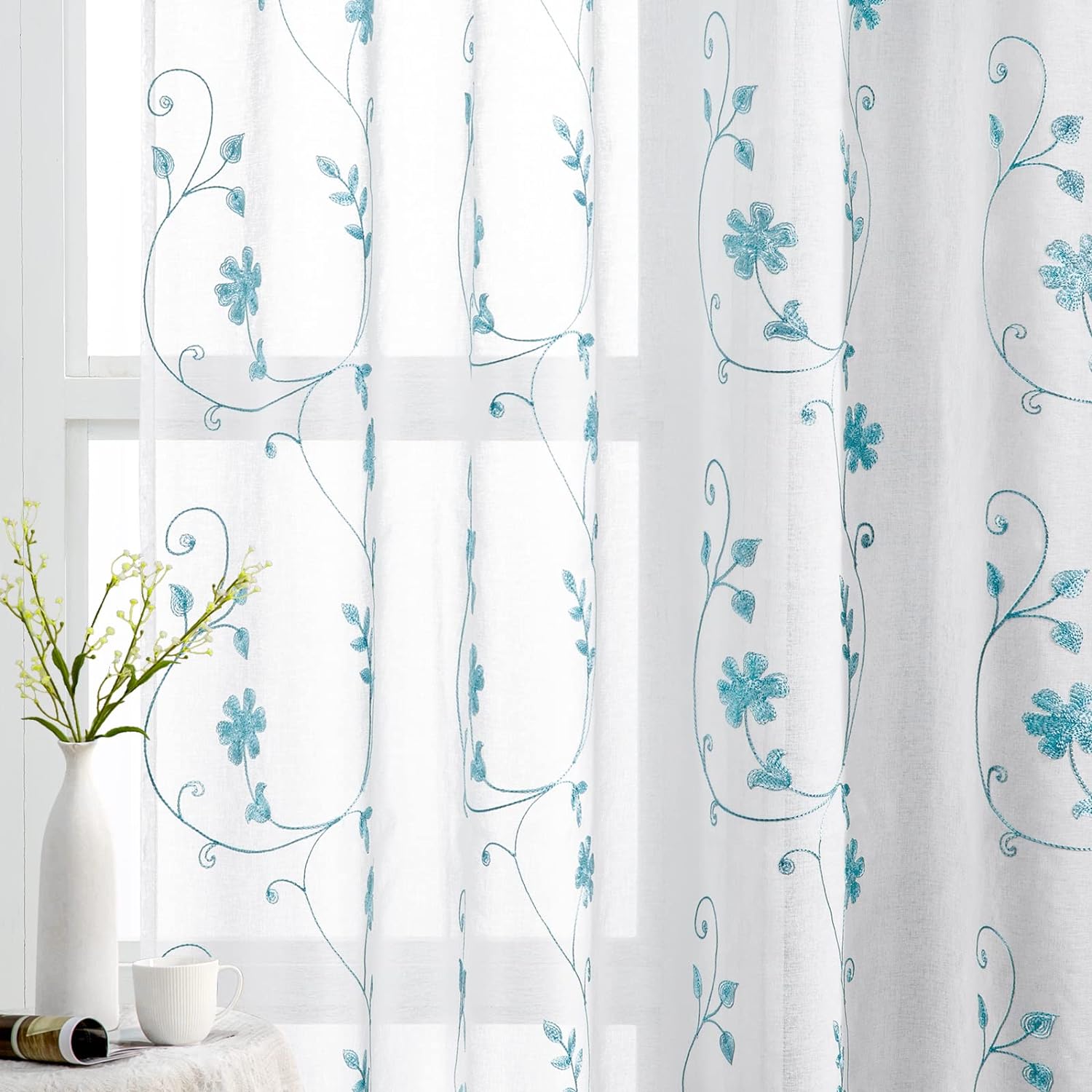 71omwj3LpKL._AC_SL1500_.jpg White and Blue Embroidered Floral Sheer Curtains 84 Inches Long 2 Panels Flower Sheer Pattern Curtains Semi Sheer Window Curtains for Bedroom Living Room - Image 1