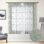 Sage Green Sheer Curtains 52 X 63 Inches Length 2 Panels Embroidered Leaf Pattern Pocket Faux Linen Floral Semi Sheer Voile Window Curtains/Drapes for Bedroom Living Room - Image 2