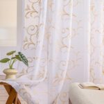 Sheer Curtains White-Beige 45 Inch Length Floral Embroidery Vintage Rod Pocket Voile Drapes for Living room, Bedroom, Window  Semi Crinkle Curtain Panels for Farmhouse Set of 2, 52"x 45".