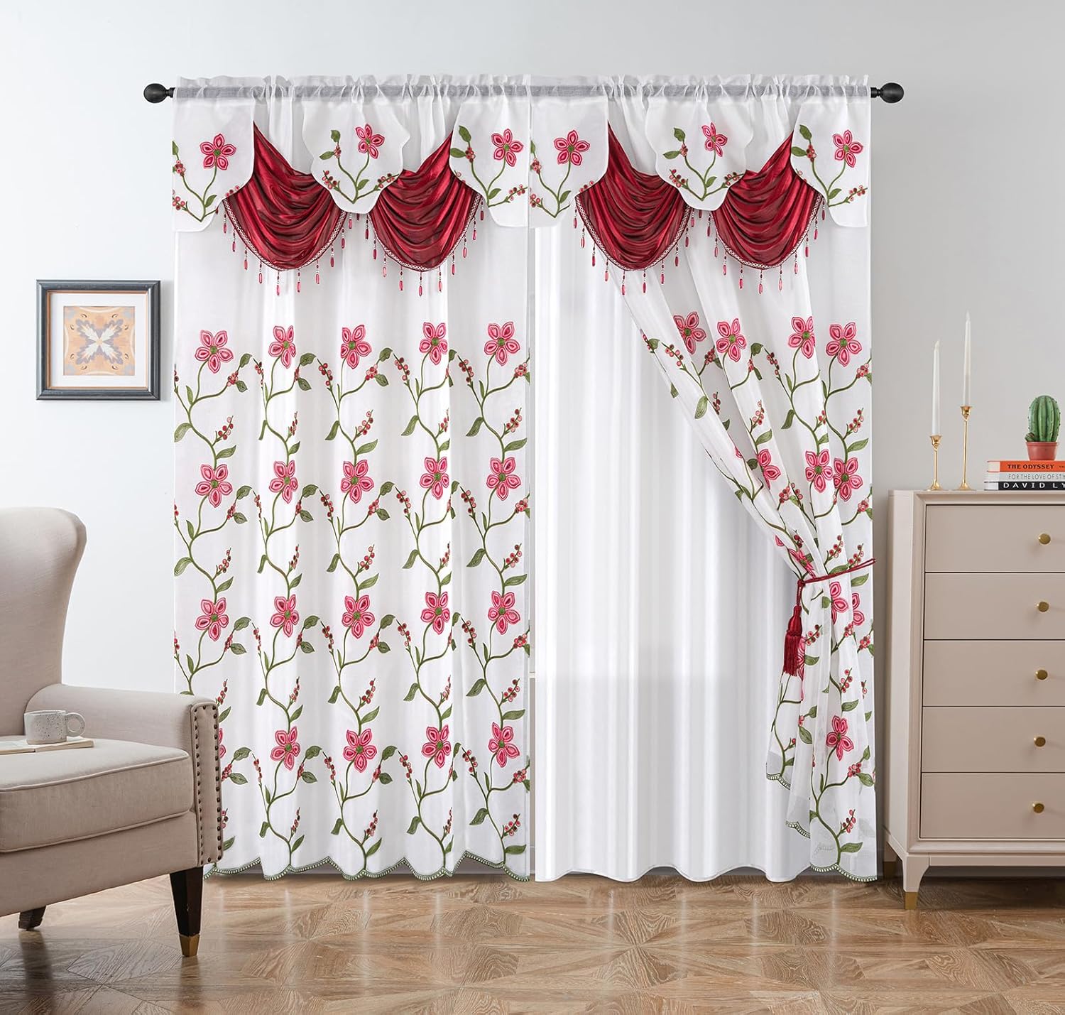 811mftmuwuL._AC_SL1500_.jpg Embroidery Sheer Curtain 2 Panels Set - Luxury Window Curtain Attached Valance with Satin Backing and 2 Tie Backs for Living Room,Dining Room, 54x95 inches, Burgundy - Image 1