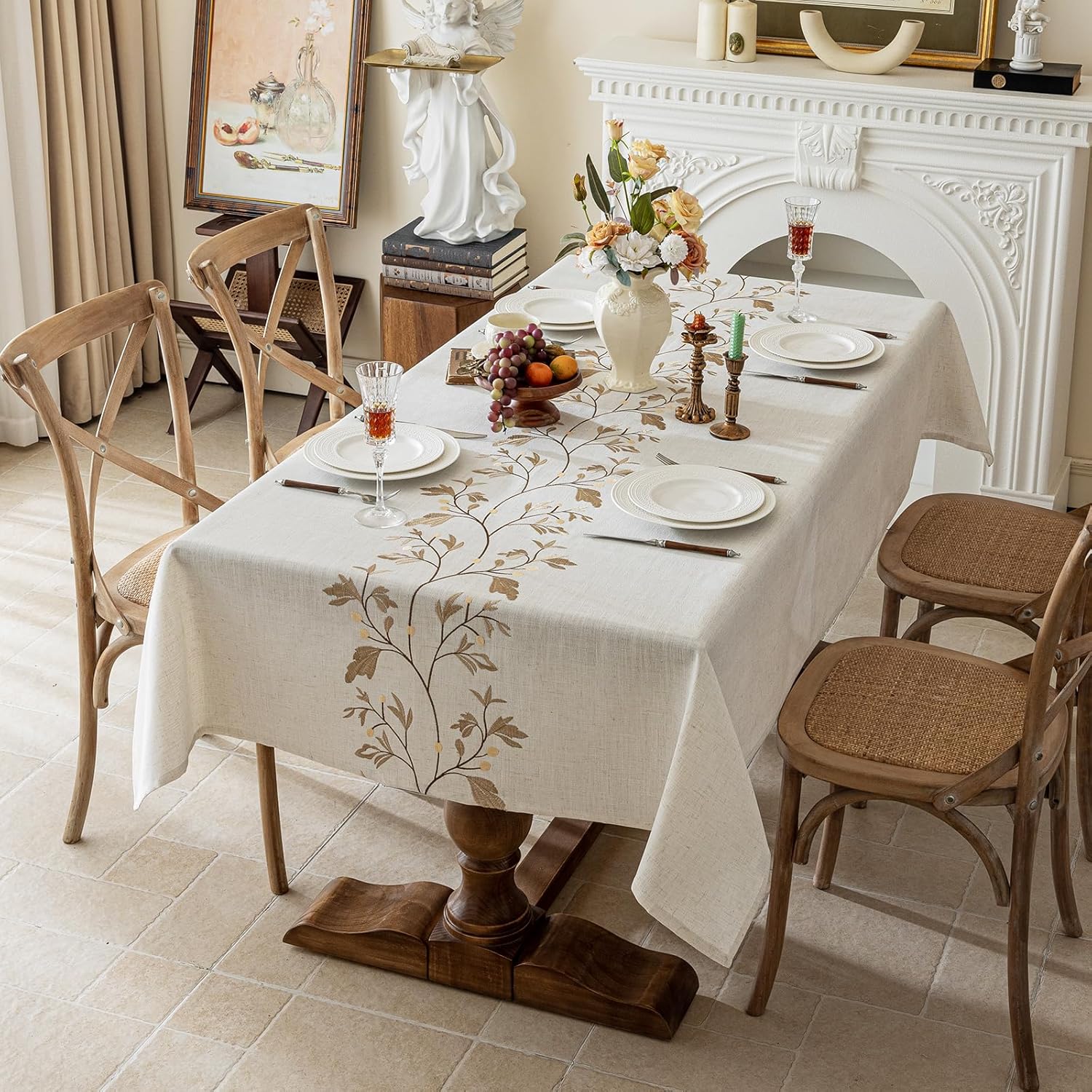 819MMYczMPL._AC_SL1500_.jpg Rustic Waterproof Linen Tablecloth, Heavy Weight Beige Embroidery Table Cloths for Rectangle Tables, Burlap Farmhouse Table Covers (Coffee Leaves, 55''x 86'') - Image 1