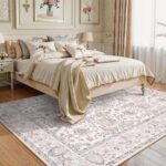 Boho Area Rug 5x7, Washable Vintage Pink Rugs for Bedroom Girls Ultra-Thin Soft Living Room Rug Nursery Rug Non Slip, Low Pile Carpet Rugs for Play Room Office (Pink, 5' x 7')