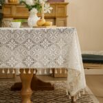 Beige Crochet Tablecloth with Tassels Boho Embroidered Lace Tablecloth Rectangular Linen Floral Design Table Covers for Party Birthday Dinning Table Cloth 60"x60"