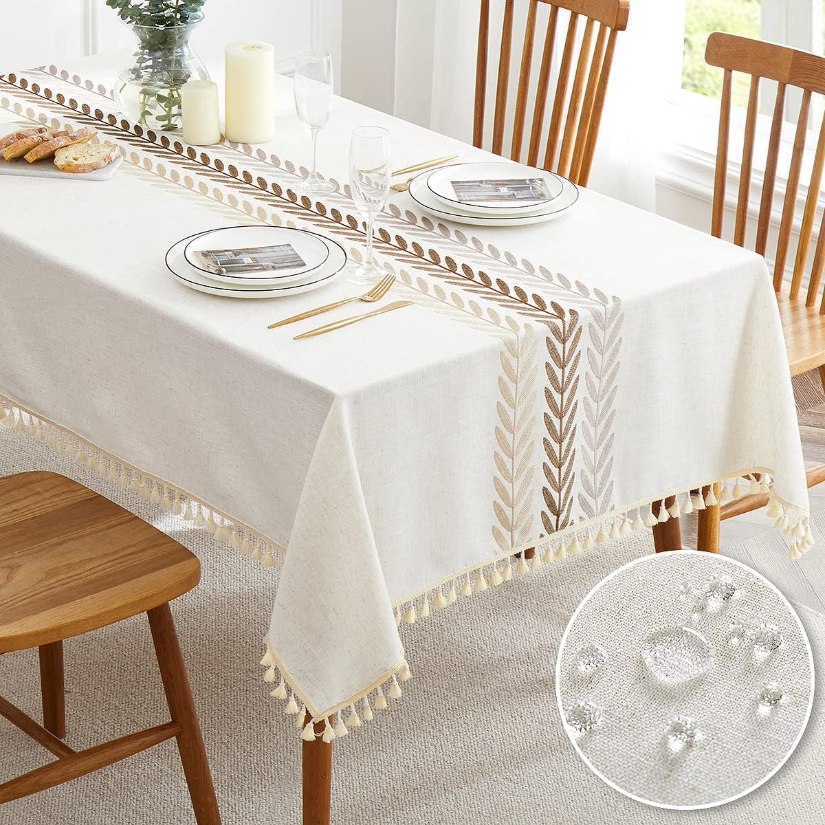 81F1x30vxL._AC_SL1200_.jpg Embroidered Tablecloth for Dining Table,Dust Proof Spillproof Soil Resistant Cotton Linen Rectangle Table Cloths (Coffee Wheat, Rectangle/Oblong, 55'x70'', 4-6 Seats) - Image 1