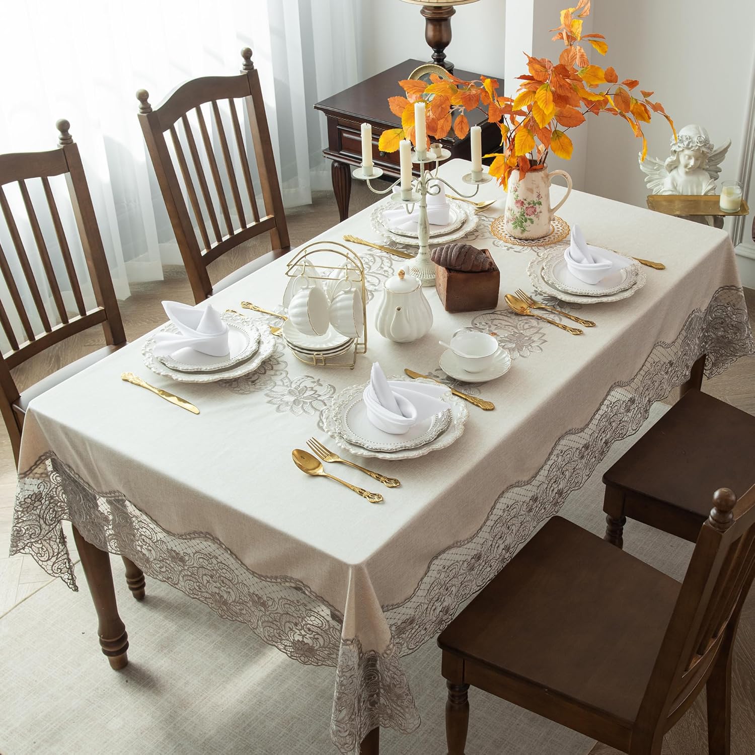 81GQliODGGL._AC_SL1500_.jpg Faux Linen Embroidered Tablecloth 60x84 inch for Rectangle Tables - Waterproof Modern European Style Table Cloth - Vintage Farmhouse Table Cover for Kitchen Patio Picnics Dining Occasion - Image 1