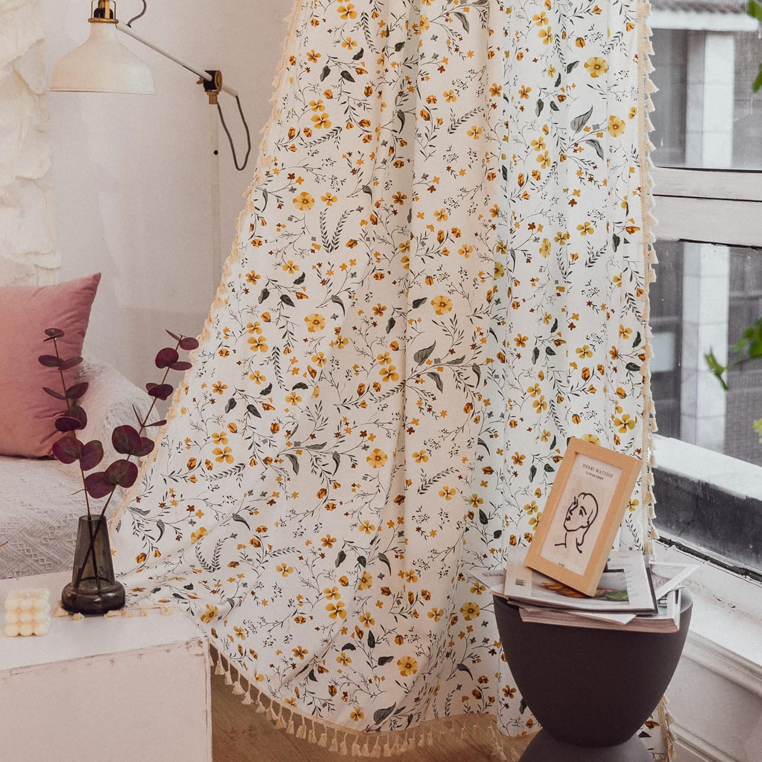 81HdsCgCObL._AC_SL1500_.jpg Curtain Semi-Blackout Yellow Florals Print Cotton Linen Fabric, Handmade Tassels Rod Pocket Bohemian Farmhouse Country Window Drapes for Living Bedroom, 59" W x 84" L, 1 Panel - Image 1