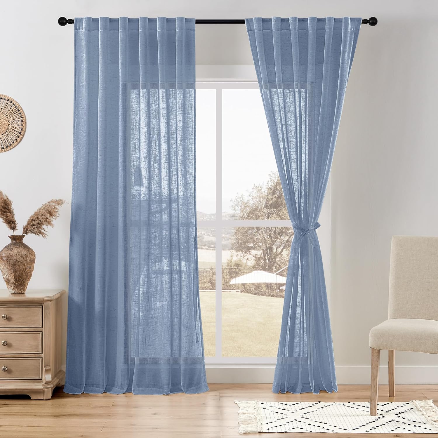 81JDbrX9uvL._AC_SL1500_.jpg Linen Sheer Curtains 84 Inches Long, Rod Pocket & Back Tab Linen Texture Semi Sheer Window Covering, Light Airy Privacy Sheer Panels for Bedroom Living Room 52" W x 84" L, Dusty Blue, Set of 2 - Image 1