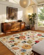 Machine Washable Area Rugs for Bedroom: 5'x7' Living Room Rug Floral Vintage Large Rug Stain Resistant Non Slip Low Pile Faux Wool Soft Rugs for Dining Room Bedside Kitchen Entryway Nursery Office