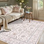 Boho Area Rug 5x7, Washable Vintage Pink Rugs for Bedroom Girls Ultra-Thin Soft Living Room Rug Nursery Rug Non Slip, Low Pile Carpet Rugs for Play Room Office (Pink, 5' x 7') - Image 2