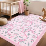 Pink Rugs for Bedroom Girls, 4x6 Rug for Living Room with Soft Low Pile, Floral Bow Washable Area Rug for Nursery Kids Dorm Playroom