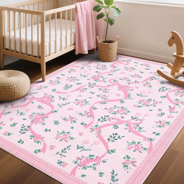 Pink Rugs for Bedroom Girls, 4x6 Rug for Living Room with Soft Low Pile, Floral Bow Washable Area Rug for Nursery Kids Dorm Playroom