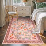 Animal Print Washable Rugs 5x7 Nursery Rug, Soft Pink Playroom Rug Non-Slip Boho Area Rug, Ultra-Thin Modern Floral Living Room Carpet for Bedroom Kids Room Classroom Office