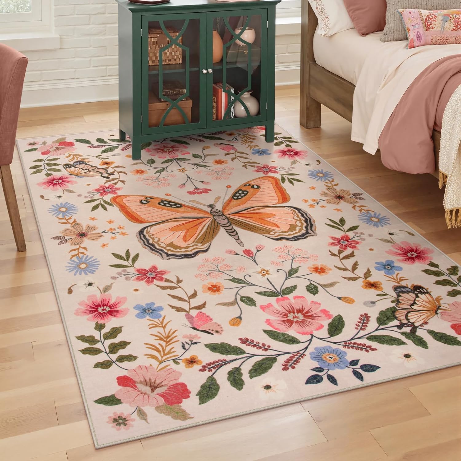 81i2rRMZzEL._AC_SL1500_.jpg Floral 3x5 Area Rug for Bedroom Girls, Low Pile Washable Small Floral Rug for Dorm, Non Slip Boho Butterfly 3x5 Entryway Rugs, Carpet for Kids Room Nursery,Beige/Pink - Image 1