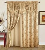 Jacquard Luxury Window 2 Panel Set Beige Curtain with Attached Valance and Backing Bedroom Living Room Dining 2 Curtains 55x84 inches Each