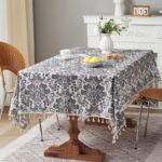 Boho Tablecloth Euro Floral Cotton Linen Gray Printed Tablecloth with White Tassel Lace, Wrinkle Resistant Shrinkage Resistant, Suitable for All Styles Dining Room Kitchen (55 X 55 Inch) Gray