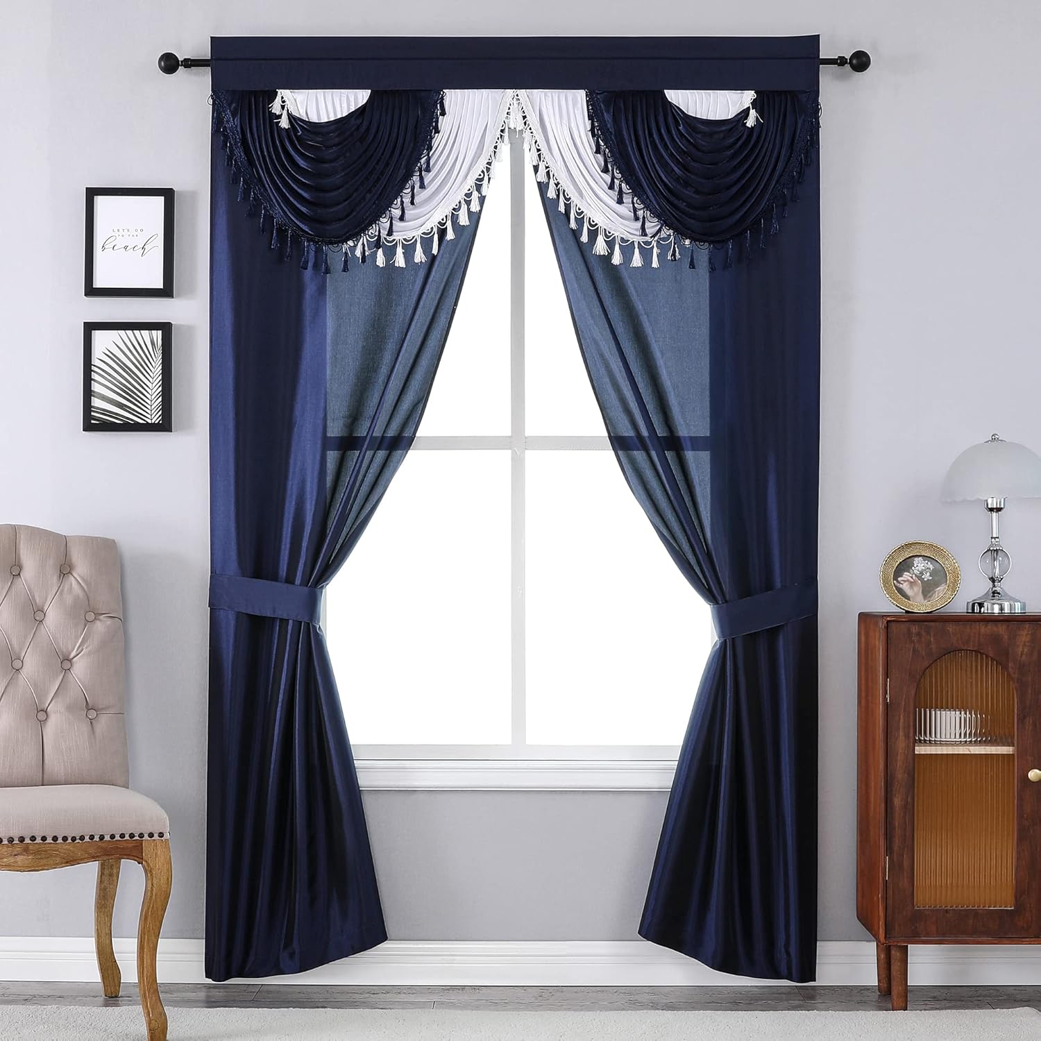81uTqYEYZL._AC_SL1500_.jpg 5-Piece Window Curtain Set - 54-Inch W x 84-Inch L Panels with Attached Valance and 2 Tiebacks - Bedroom Curtains and Living Room Curtains (Navy/White) - Image 1