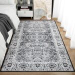 Area Rug 4x6 Washable Rug Grey Boho Rugs for Bedroom Bedside Living Room, Non Slip Low Pile Vintage Rug Floral Print Mat for Dining Room Home Office