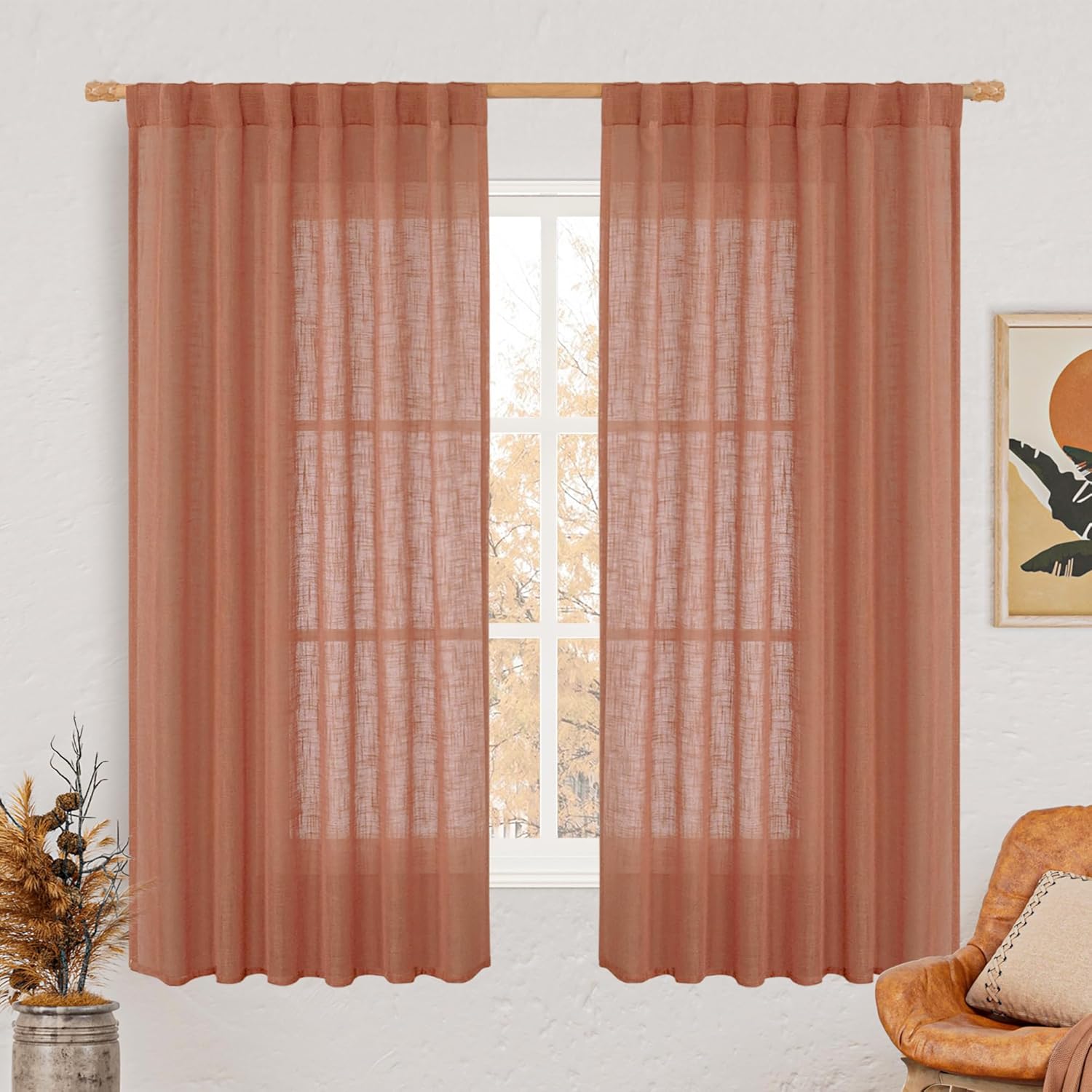 81y8CSLoaL._AC_SL1500_.jpg Terracotta Linen Curtains 63 Inch for Bedroom, Light Filtering Neutral Semi Sheer Window Boho Curtains Back Tab and Rod Pocket Panels for Living Room, 2 Panels, 52 x 63 Inch - Image 1