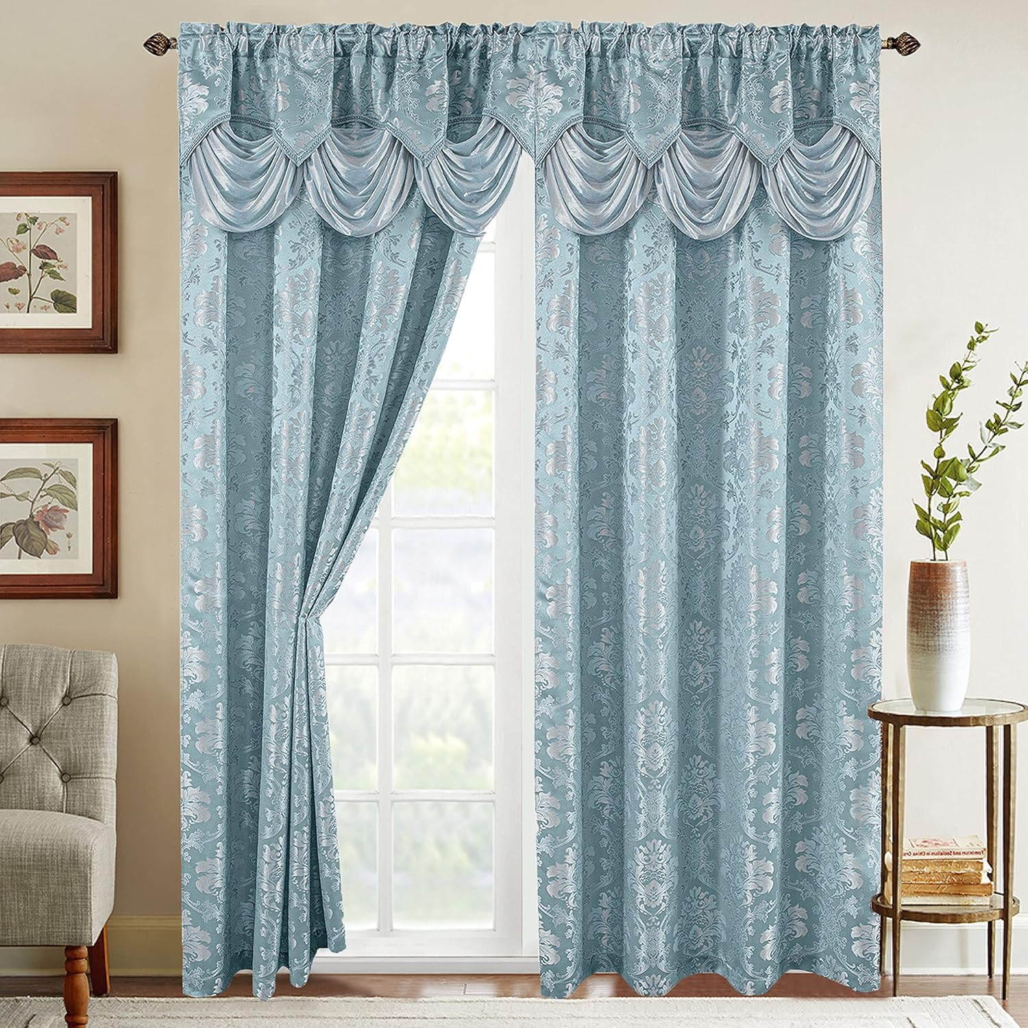 913Syzt5HeL._AC_SL1500_.jpg Elegant Comfort Jacquard Look Curtain Panel Set with Attached Waterfall Valance, (Set of 2), 54 x 84 Inches, Light Blue - Image 1
