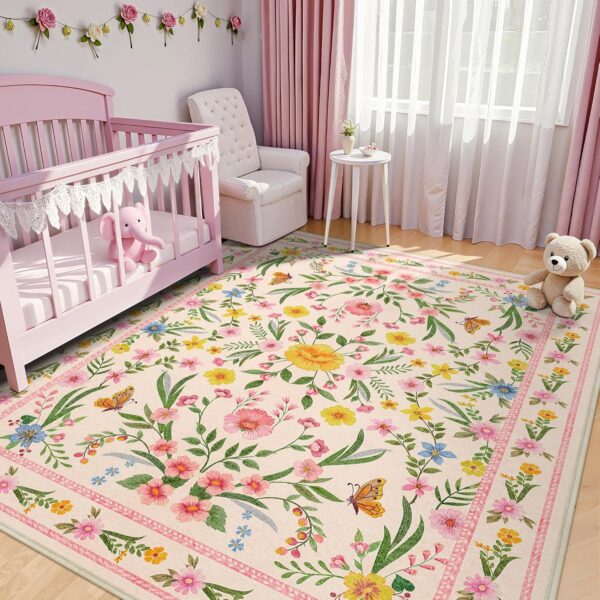 Nursery Rug,5x7 Pink Rugs for Bedroom Girls,Machine Washable Non Slip Soft Faux Wool Carpet,Cute Floral Butterfly Area Rugs for Playroom Bedroom Dorm Kids Room