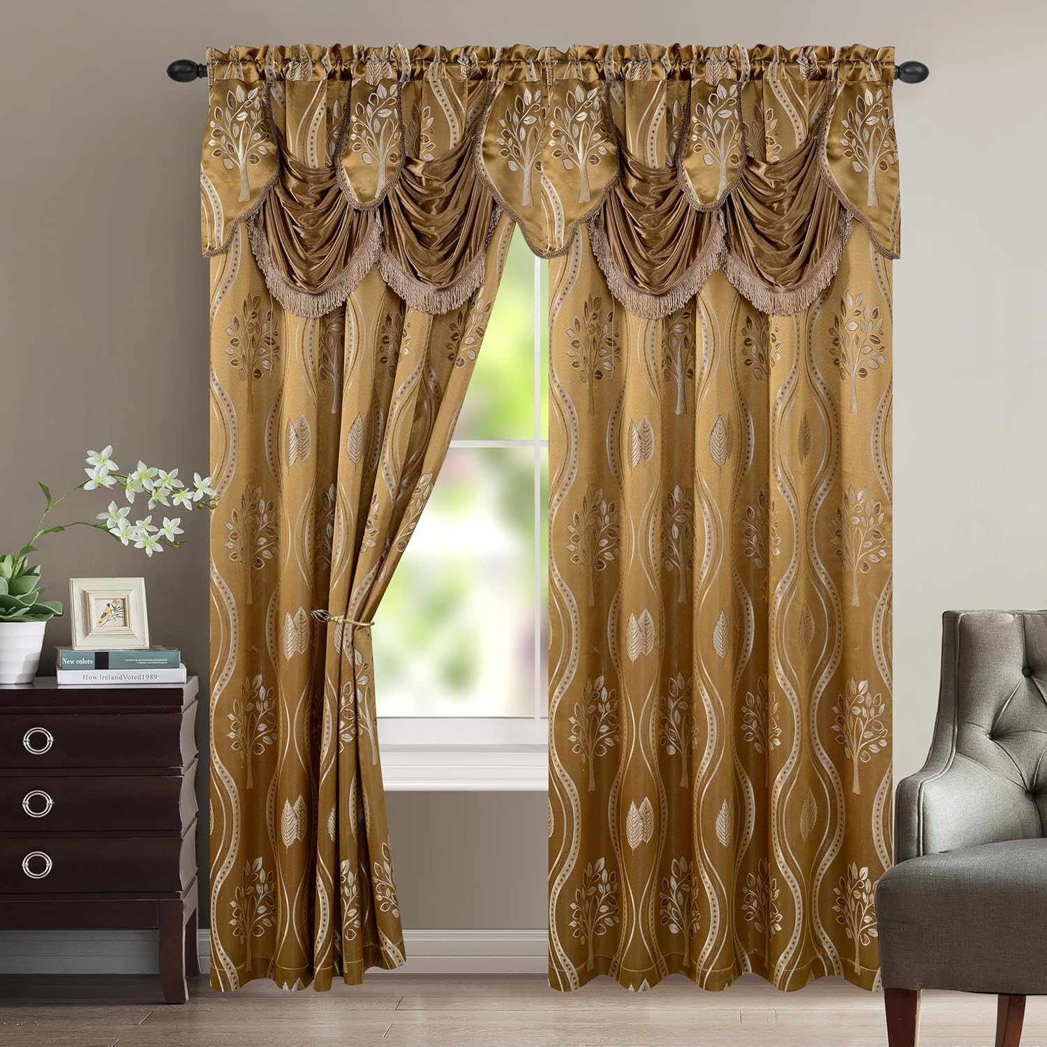 91Mftu8fj3L._AC_SL1500_.jpg Elegant Comfort Jacquard Look Curtain Panel Set with Attached Valance 54" X 84 inch (Set of 2), Taupe - Image 1