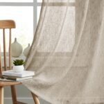 Tan Linen Sheer Curtains 84 Inches Long for Bedroom, Living Room Natural Flax Textured Light Filtering Rod Pocket Burlap Sheer Voile Drapes, 52x84 Inch, 2 Panels