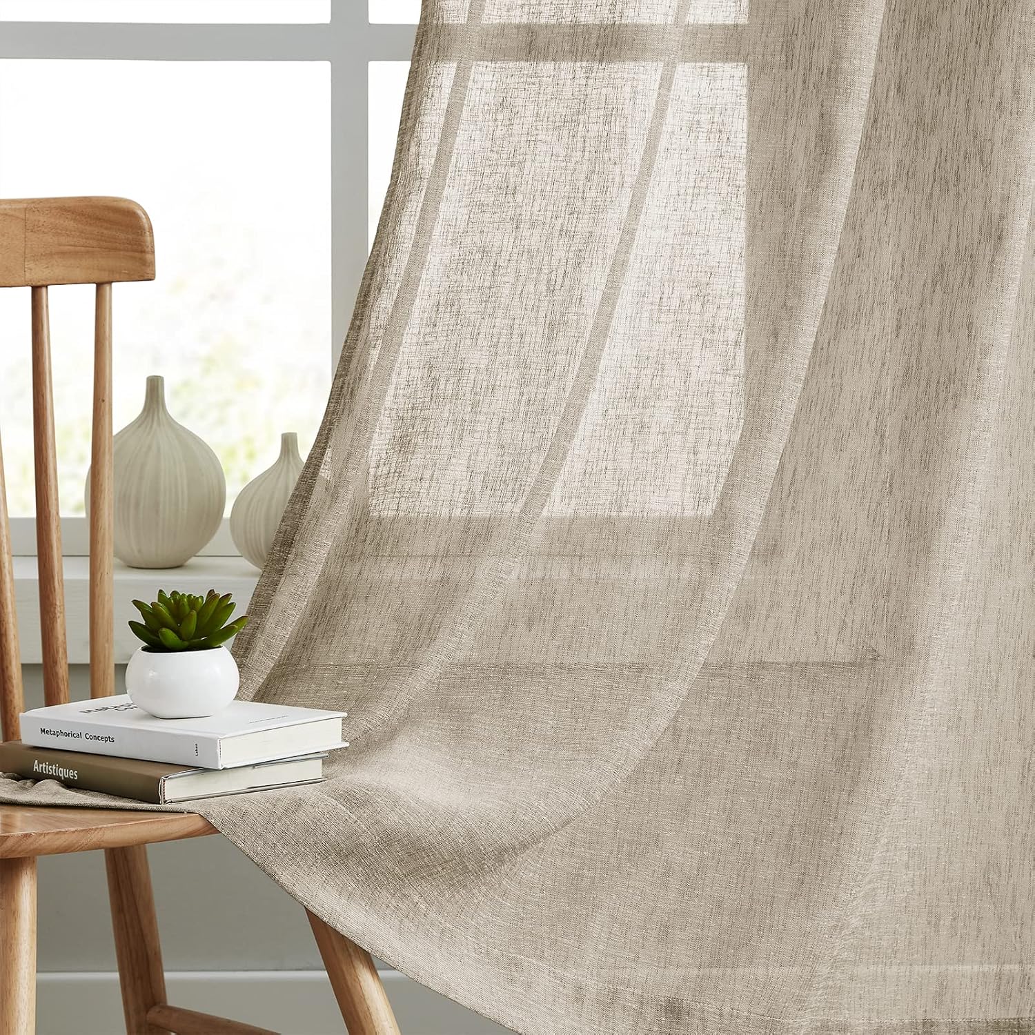 91Sne8wM3PL._AC_SL1500_.jpg Tan Linen Sheer Curtains 84 Inches Long for Bedroom, Living Room Natural Flax Textured Light Filtering Rod Pocket Burlap Sheer Voile Drapes, 52x84 Inch, 2 Panels - Image 1