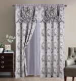 Jacquard Luxury 2 Curtain Panel Set with Attached Valance and Backing Bedroom Living Room Dining 54X84 inches Silver Gray