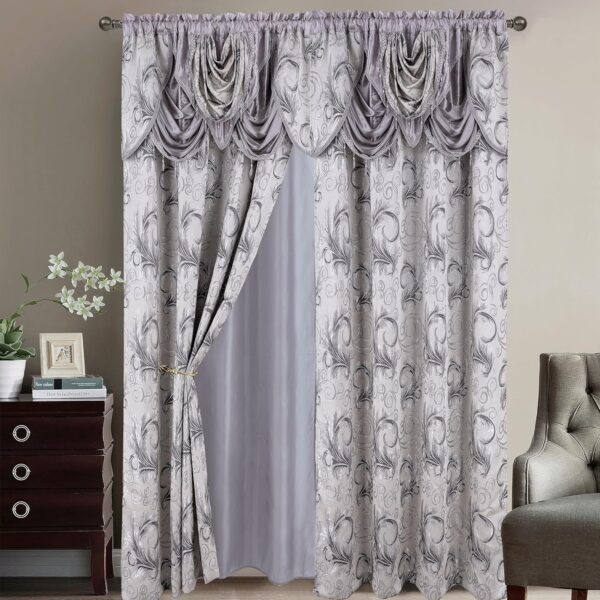 Jacquard Luxury 2 Curtain Panel Set with Attached Valance and Backing Bedroom Living Room Dining 54X84 inches Silver Gray