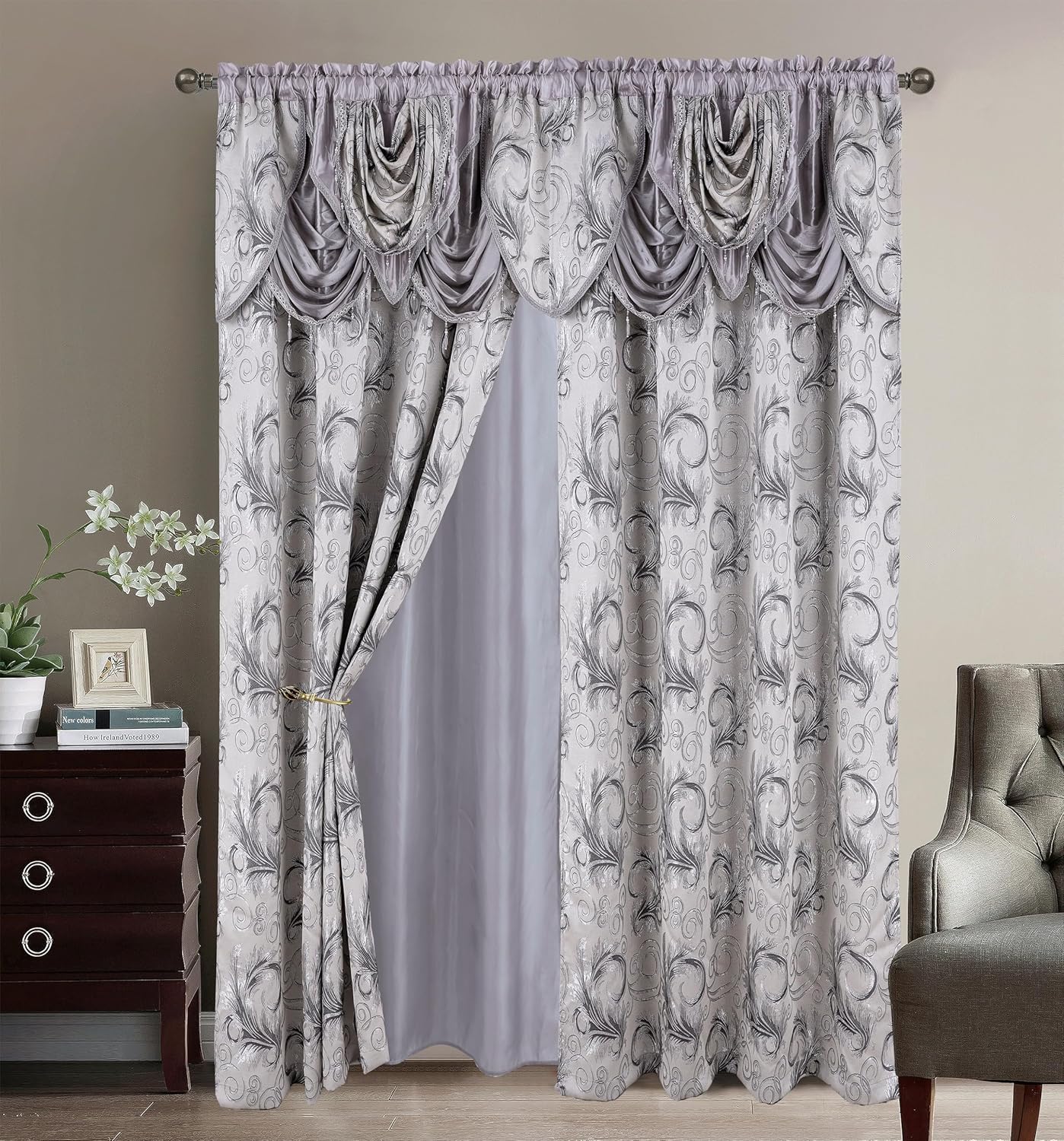 A12wZ42dYhL._AC_SL1500_.jpg Jacquard Luxury 2 Curtain Panel Set with Attached Valance and Backing Bedroom Living Room Dining 54X84 inches Silver Gray - Image 1