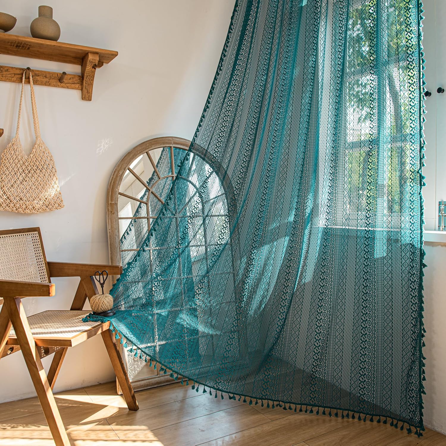 A1tqo8LrEVL._AC_SL1500_.jpg Curtains 84 inches Long for Bedroom Living Room, Crochet Lace Sheer Bohemian Hollow Knitted with Tassels,Window Treatment Drapes, Rod Pocket 1 Panel 59" W x 84" L, Turquoise - Image 1